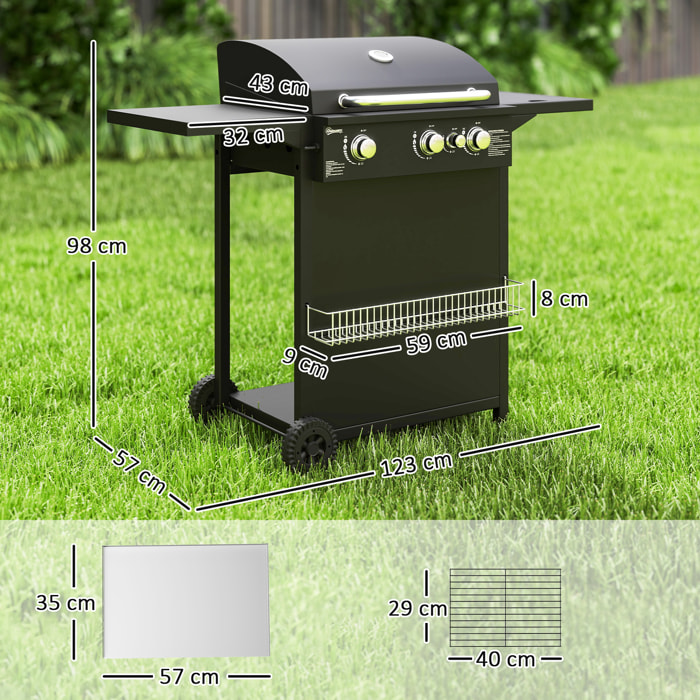 Barbecue gaz 3+1 brûleurs avec couvercle 2 roues - 9,5 kW - 2 grilles chromées, étagères latérales, thermomètre - noir
