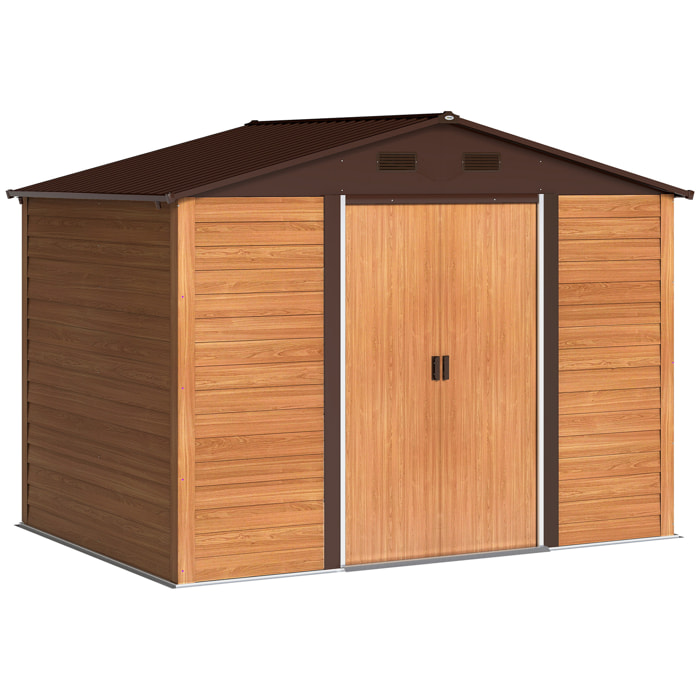 Caseta de Jardín Exterior 4,84 m² 278x195x215 cm Cobertizo de Jardín Exterior Metálica con 2 Puertas Corredizas y 4 Ventanas para Almacenamiento de Herramientas Efecto Madera Natural y Café