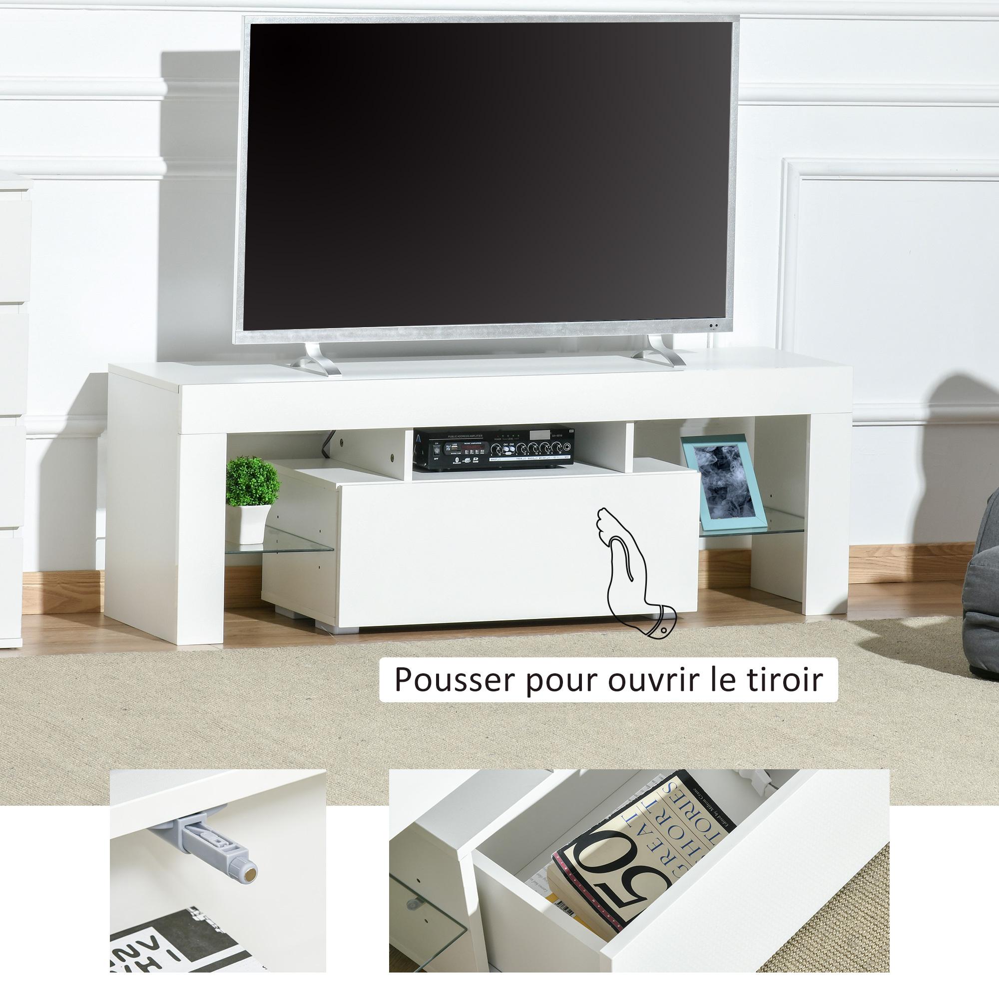 Meuble TV LED style contemporain - grand tiroir, niche, 2 étagères verre - panneaux particules MDF blanc laqué