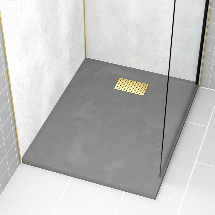 Receveur de douche Gris Effet Pierre 80x100 cm et Grille décor Perforée Or Doré Brossé