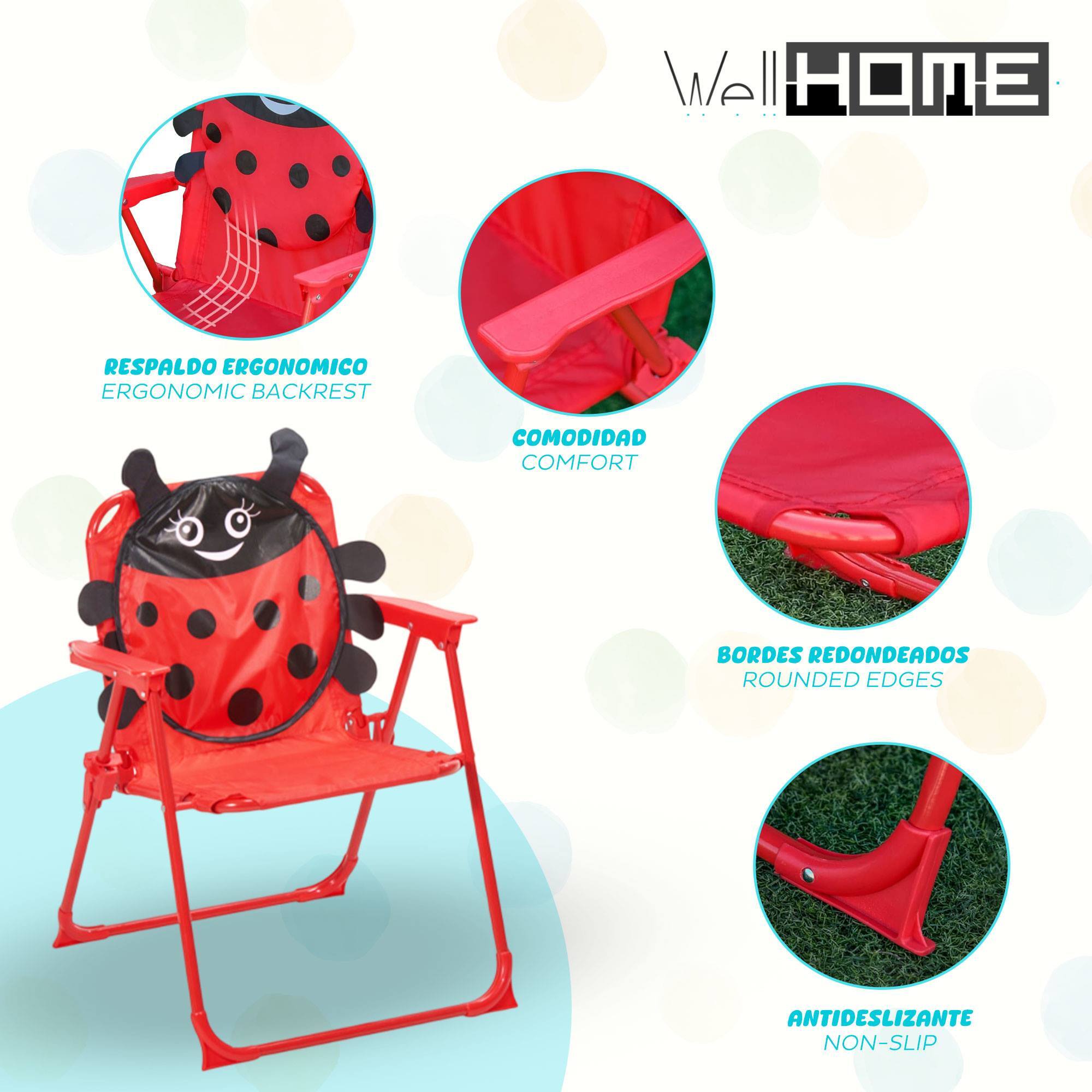Well Home Conjunto jardín niños 4 piezas (mesa + 2 sillas + paraguas) diseño Mariquita, plegable y ligero
