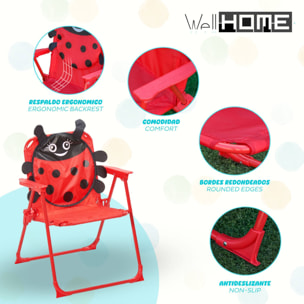 Well Home Conjunto jardín niños 4 piezas (mesa + 2 sillas + paraguas) diseño Mariquita, plegable y ligero