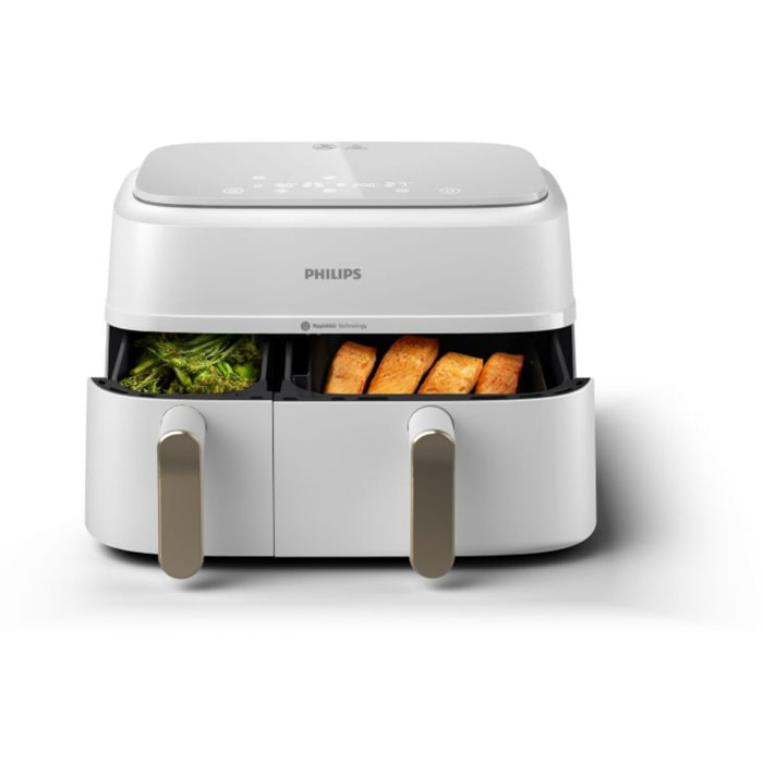 Airfryer PHILIPS NA353/10 friteuse sans huile double panier Blanc/Doré, Série 3000 9L (3+6L)