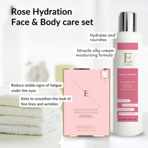 Loción corporal con ácido hialurónico y colágeno de 250 ml + parches de hidrogel para ojos Rose Blossom Glow de 5 x 2