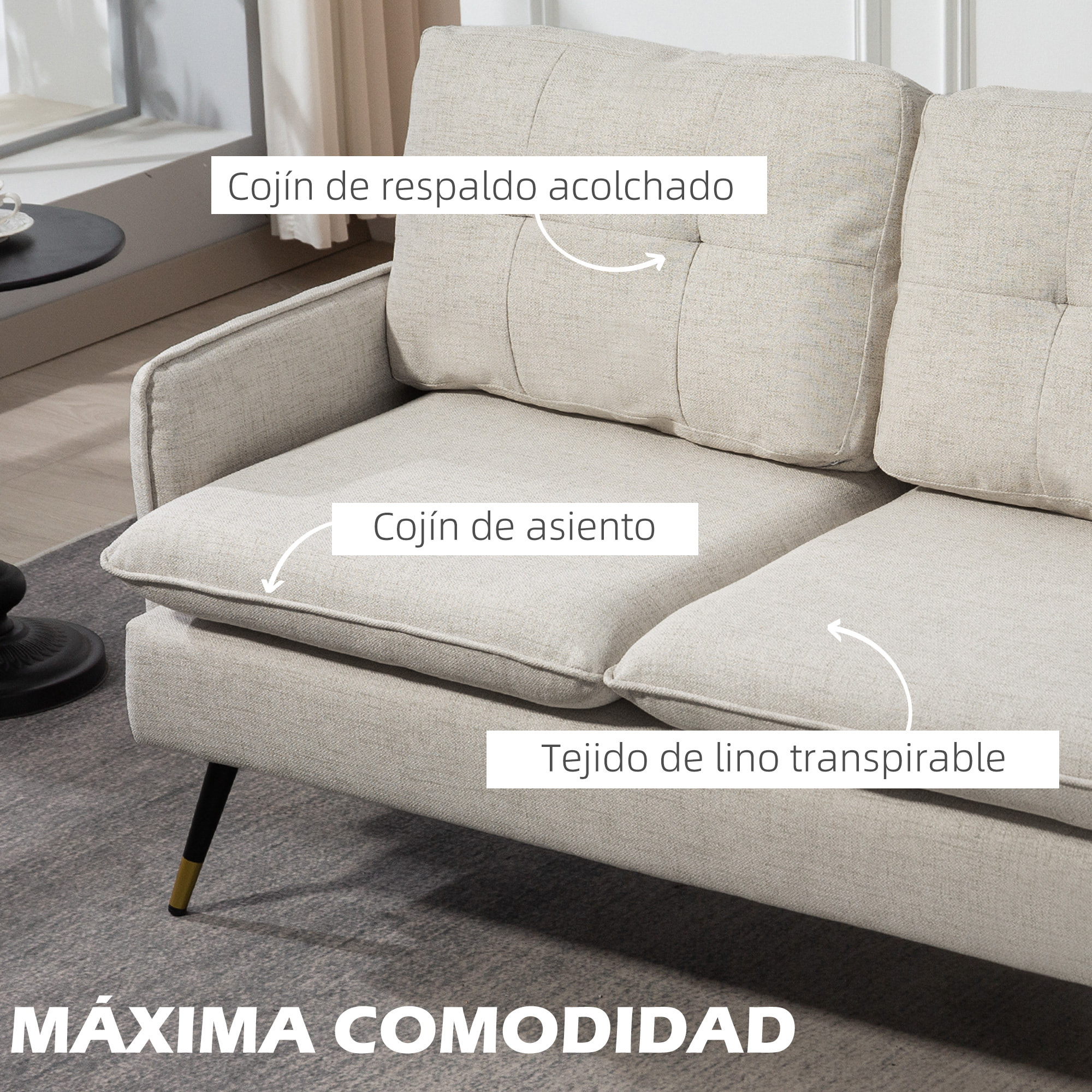 Sofá de 2 Plazas Tapizado en Lino Sofá de Salón 139 cm con Cojines Reposabrazos y Patas de Acero para Dormitorio Oficina Carga 240 kg Crema