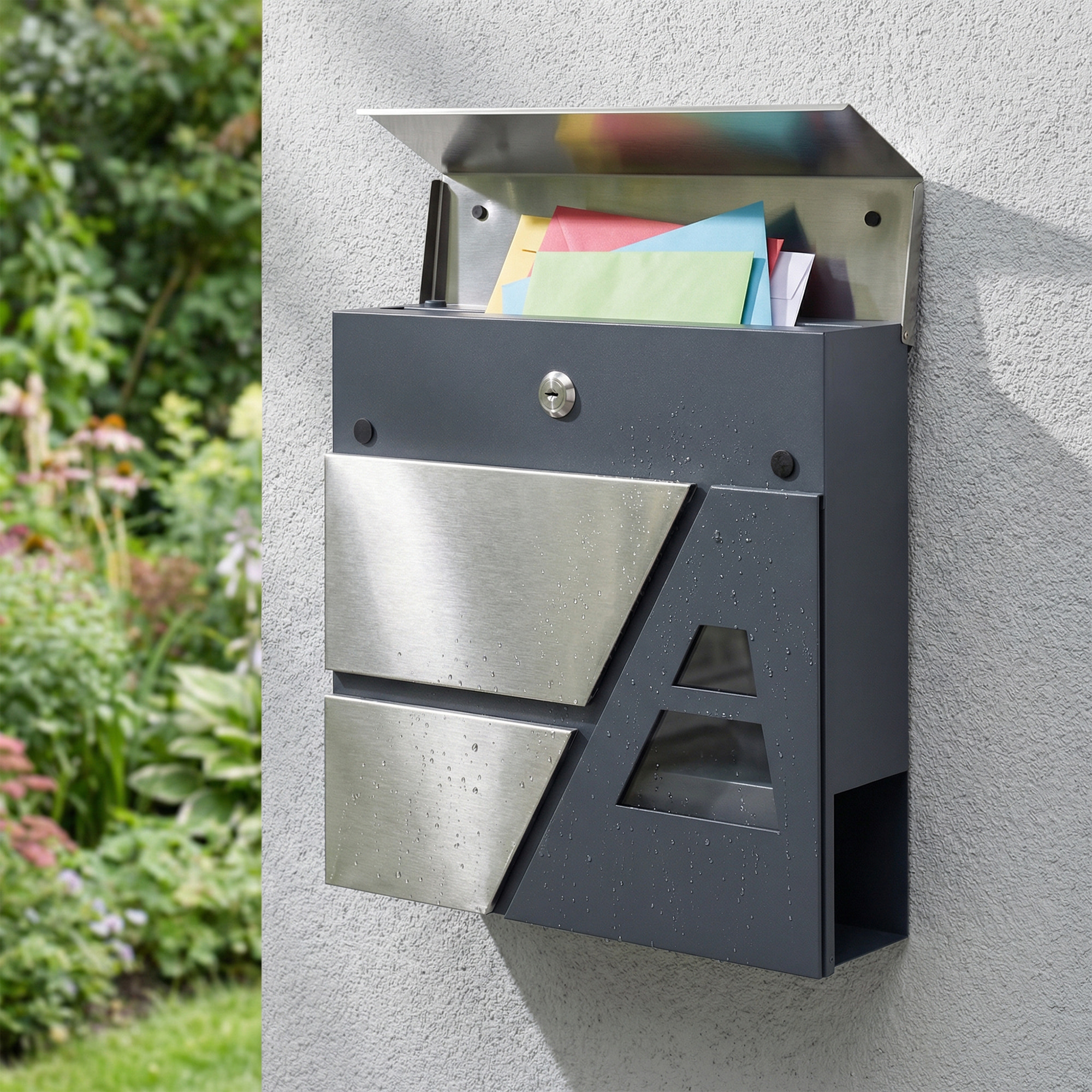 Buzón Exterior de Acero Inoxidable, 13 L, Buzón de Pared Correo con Cerradura y 2 Llaves, Cierre Silencioso, Tapa Antilluvia, Soporte para Periódicos, Moderno, Fácil de Instalar, Gris Oscuro