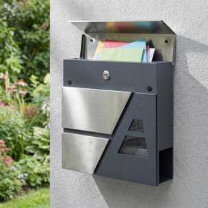 Buzón Exterior de Acero Inoxidable, 13 L, Buzón de Pared Correo con Cerradura y 2 Llaves, Cierre Silencioso, Tapa Antilluvia, Soporte para Periódicos, Moderno, Fácil de Instalar, Gris Oscuro