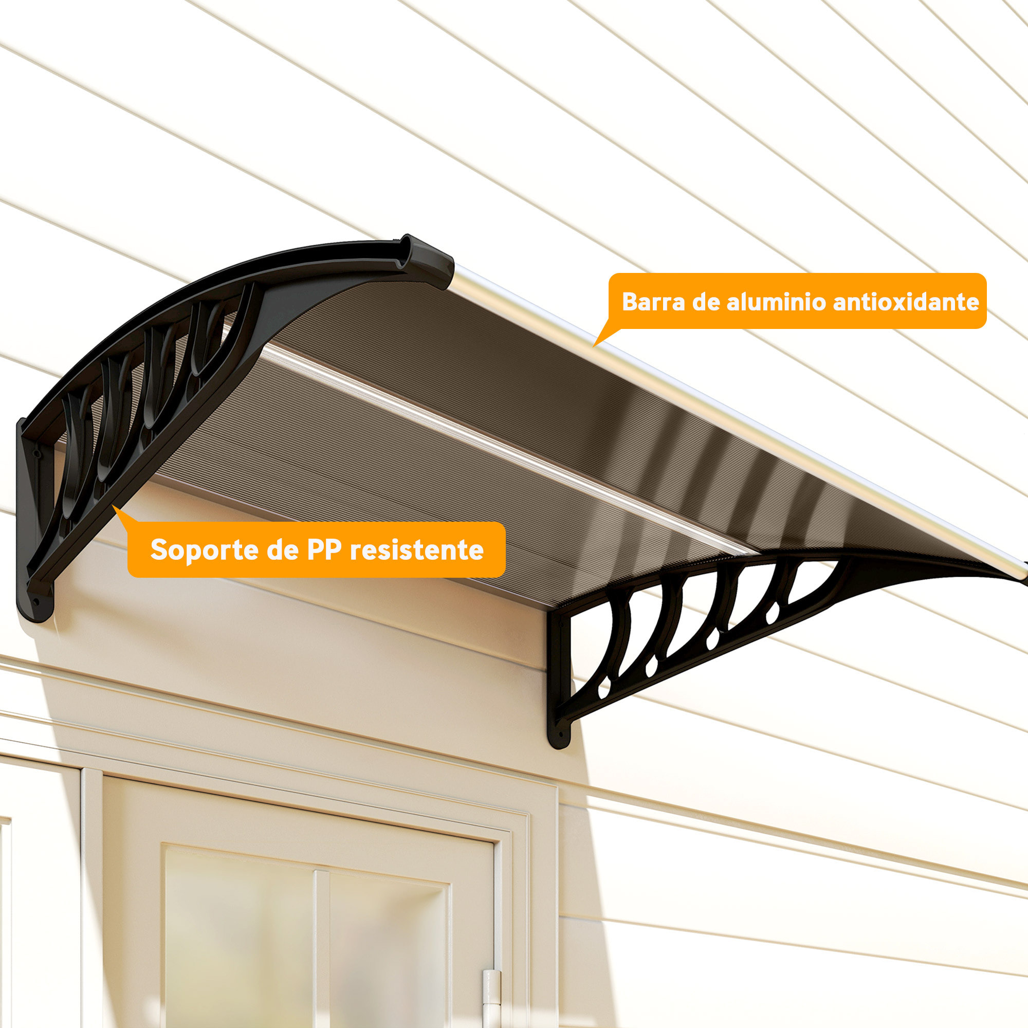 Marquesinas Exterior para Puertas y Ventanas, 103x96,5 cm, Tejadillo de Protección contra Sol y Lluvia, con Cubierta de Policarbonato, Soportes de PP y Regleta de Aluminio, Marrón