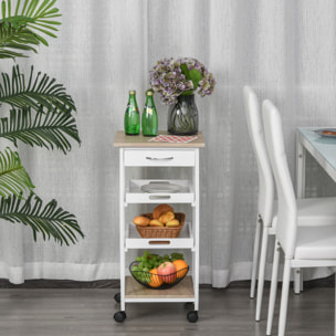Chariot de service desserte de cuisine à roulettes 2 plateaux amovibles, tiroir, étagère MDF chêne clair bois pin blanc