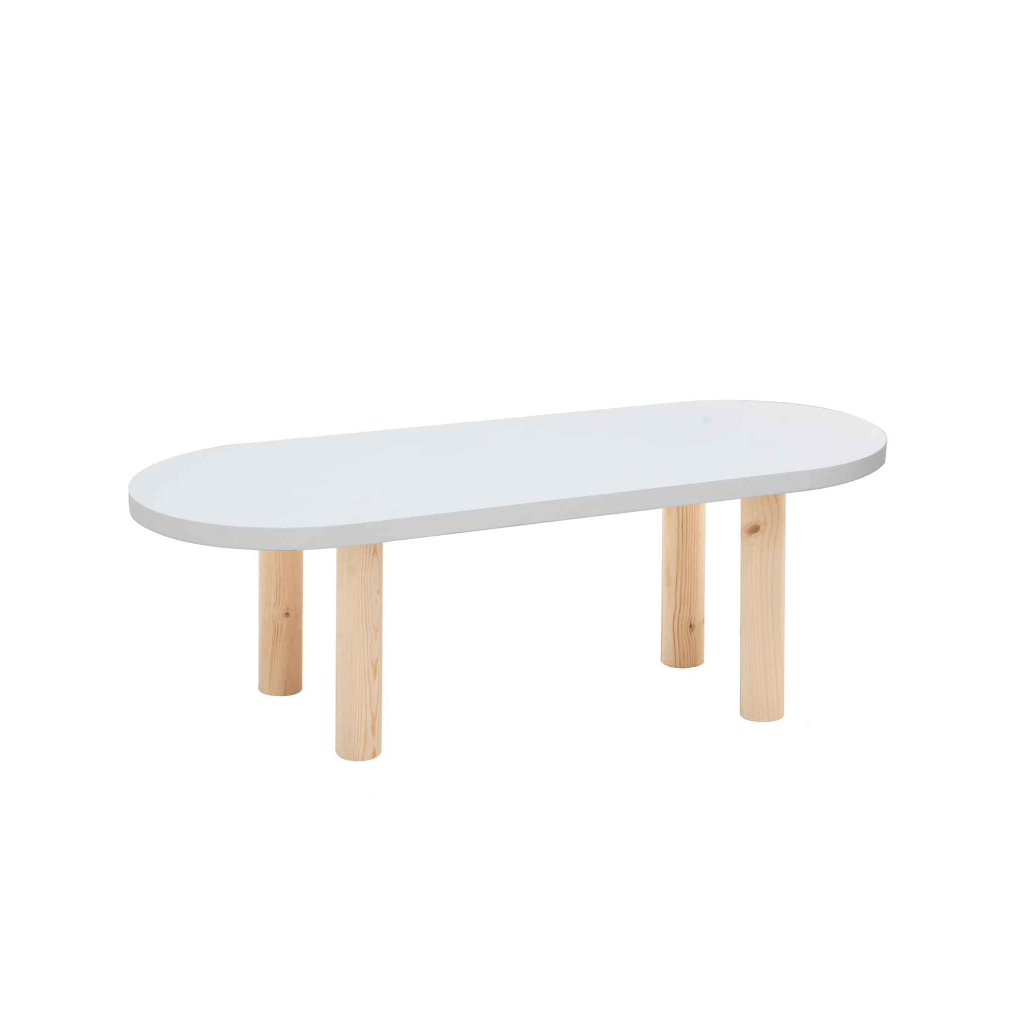 Table basse ovale en bois massif avec plateau en teinte blanche et pieds en teinte naturelle de 40x120cm Hauteur: 40 Longueur: 120 Largeur: 50
