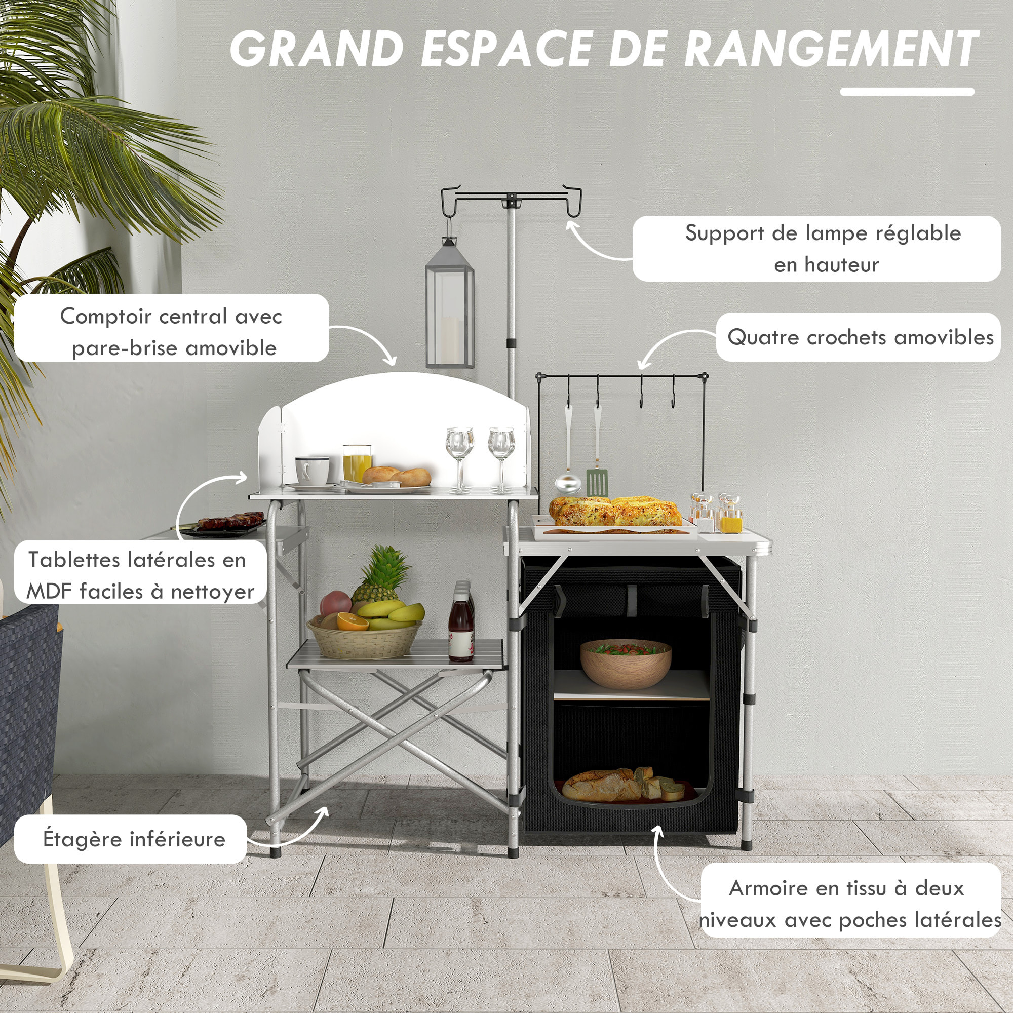 Rangement cuisine de camping pliable étagères tablette station de cuisson alu tissu noir