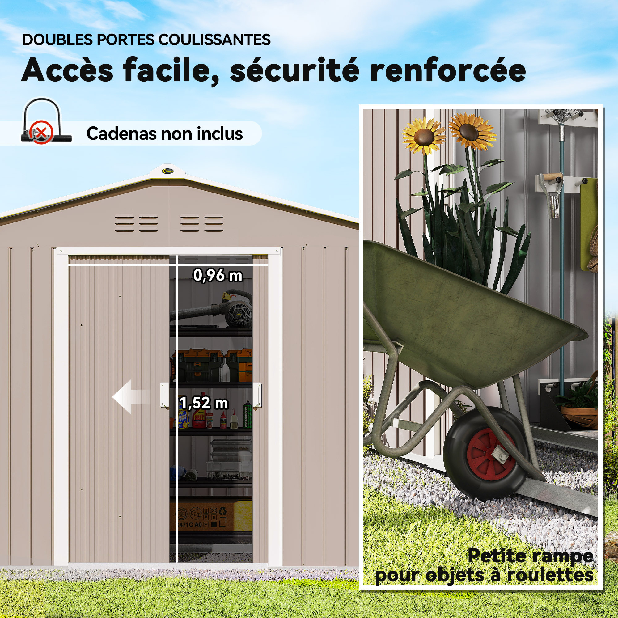 Abri de jardin 4,9 m² double porte coulissante fondation incluse - 277 x 195 x 192 cm - tôle acier ondulée gris clair