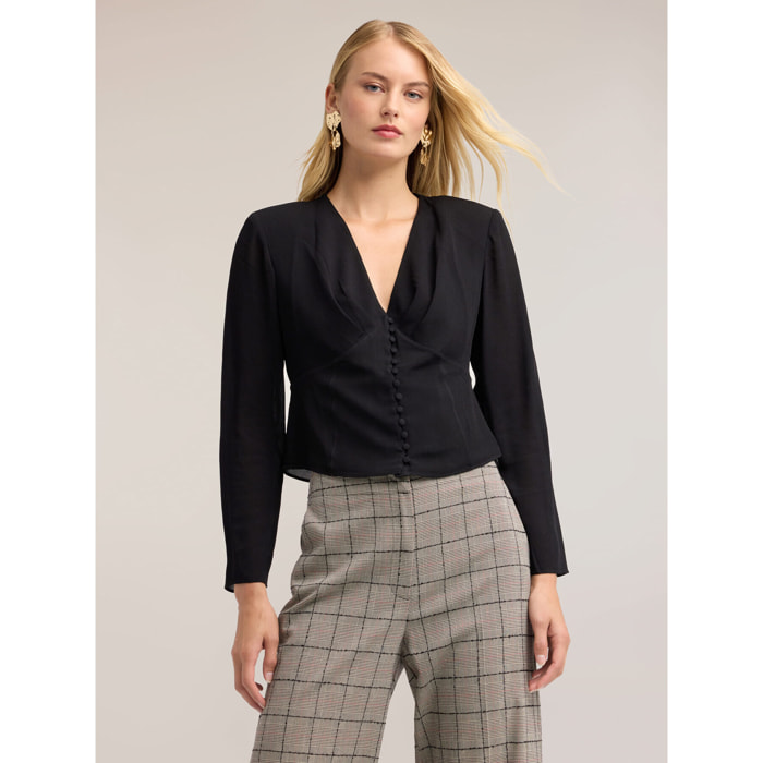 Motivi - Camisa en crepé de China con botones forrados - Negro