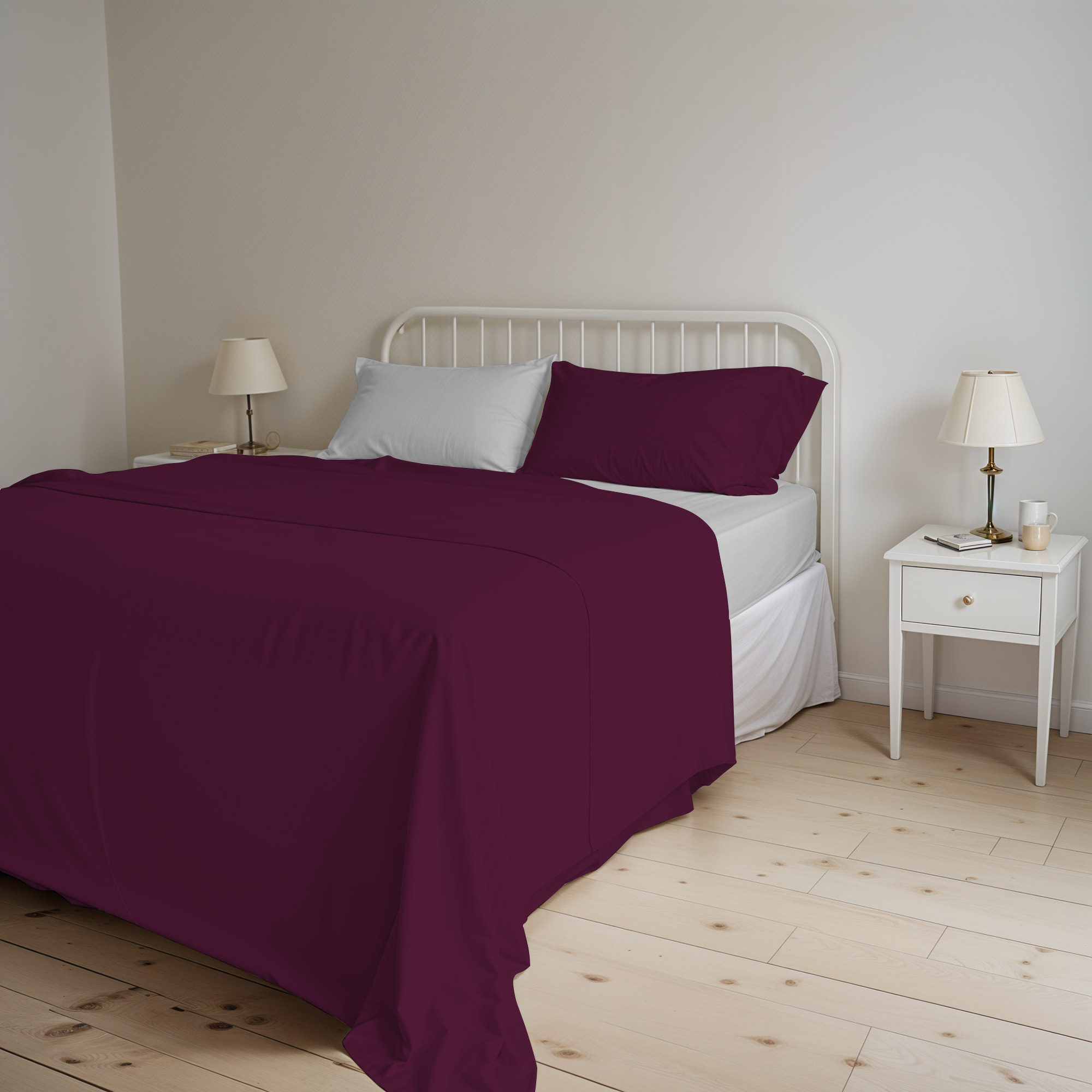 COMPLETO LETTO NATURAL COLOR, 100% Cotone, Made in Italy - PRUGNA/GRIGIO CHIARO