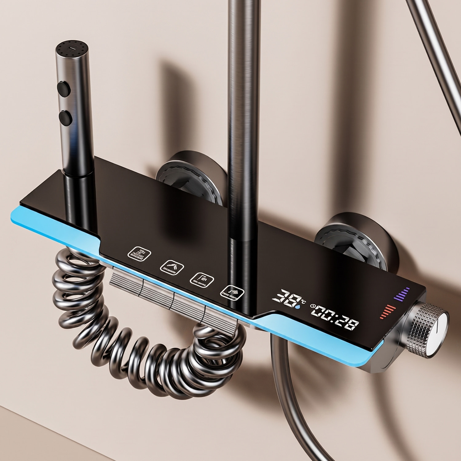 Juego de ducha completo Y3 montado en pared. Con pantalla digital y múltiples modos de agua, con mezclador, iluminación ambiental y control preciso.