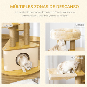 Rascador para Gatos Ø60x99 cm con Cueva Triangular de Fieltro Extraíble y Hamaca