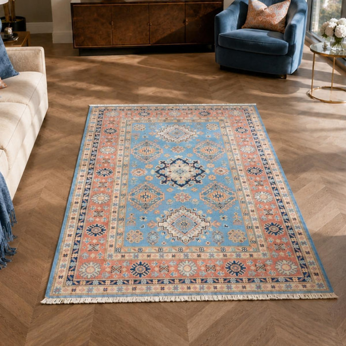 Tapis salon géométrique, artisanal noué main en laine naturelle