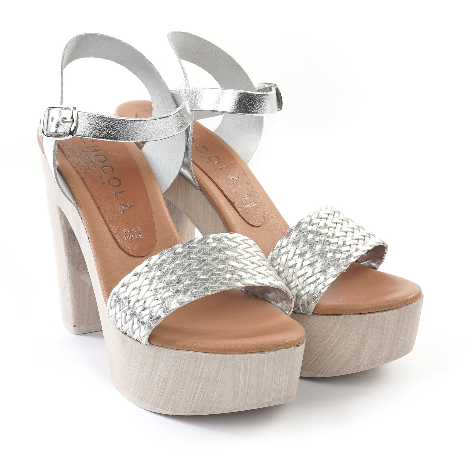 SANDALO TACCO FASCIA CHOCOLA' TRECCIA ARGENTO