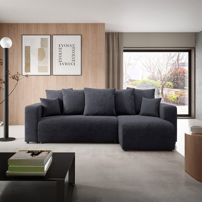 GLORIA - Canapé d'angle droit convertible 4 places en tissu noir