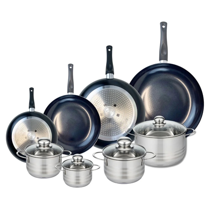 Ensemble de 4 Poêles de cuisson 20, 24, 28 et 32 cm et 4 faitouts 12, 14, 16 et 20 cm Elo Prima Brillant