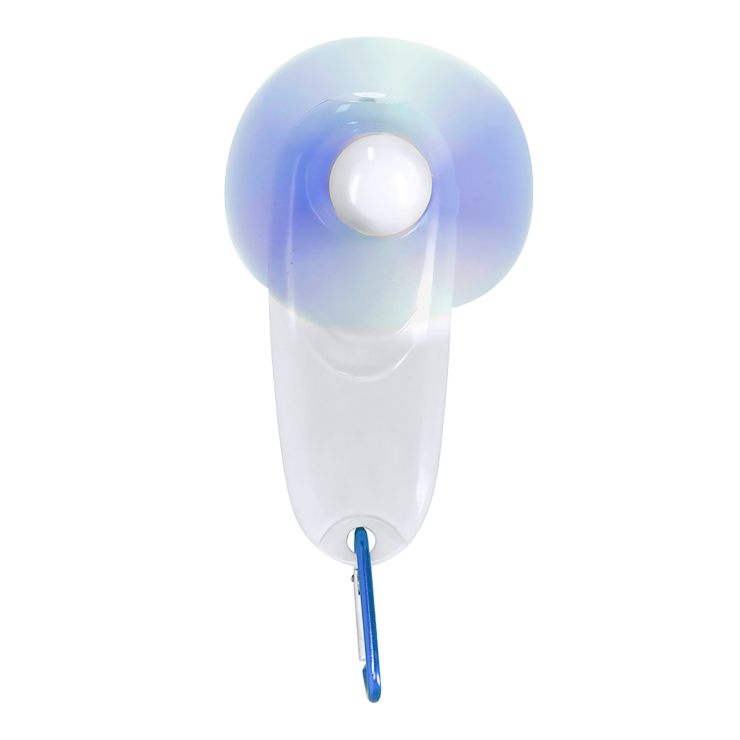 Ventilador portátil con linterna LED integrada y mosquetón para transporte.