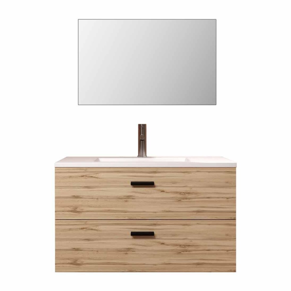 Meuble salle de bain 80cm suspendu 2 tiroirs Décor Bois avec vasque et miroir - BOX-IN