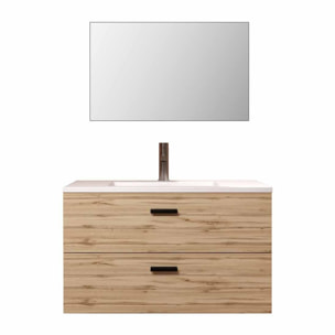 Meuble salle de bain 80cm suspendu 2 tiroirs Décor Bois avec vasque et miroir - BOX-IN