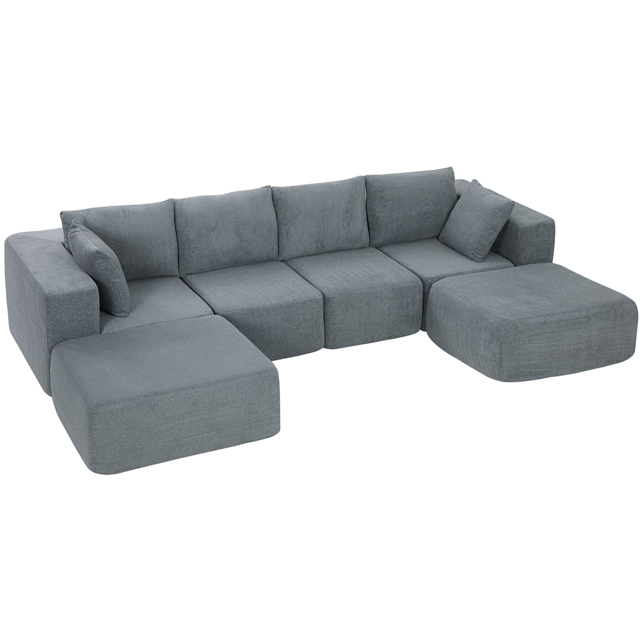 Sofá Modular en Forma de U, Sofá de Esquina Seccional de 4 Plazas con 2 Taburetes, Almohadas, Reposabrazos Anchos, sin Montaje, Asientos Amplios y Profundos, Tapizado en Terciopelo, Gris Oscuro