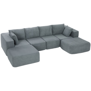 Sofá Modular en Forma de U, Sofá de Esquina Seccional de 4 Plazas con 2 Taburetes, Almohadas, Reposabrazos Anchos, sin Montaje, Asientos Amplios y Profundos, Tapizado en Terciopelo, Gris Oscuro