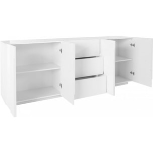 Credenza moderna a 4 ante e 3 cassetti, Made in Italy, Madia da cucina con dettaglio, Buffet di design da soggiorno, cm 224x44h86, colore Bianco lucido