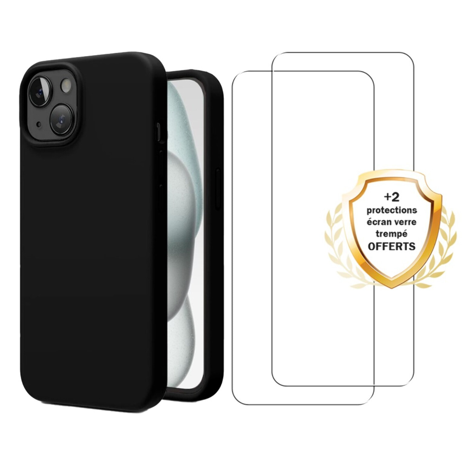 Coque iPhone 15 Silicone liquide Noire + 2 Vitres en Verre trempé Protection écran Antichocs