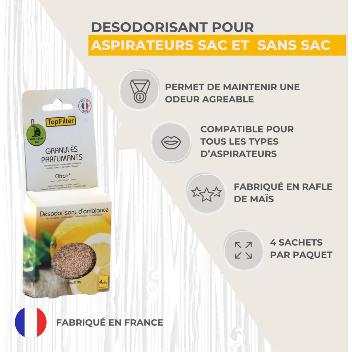 Lot de 4 sachets de granulés parfumants pour aspirateur au citron TopFilter