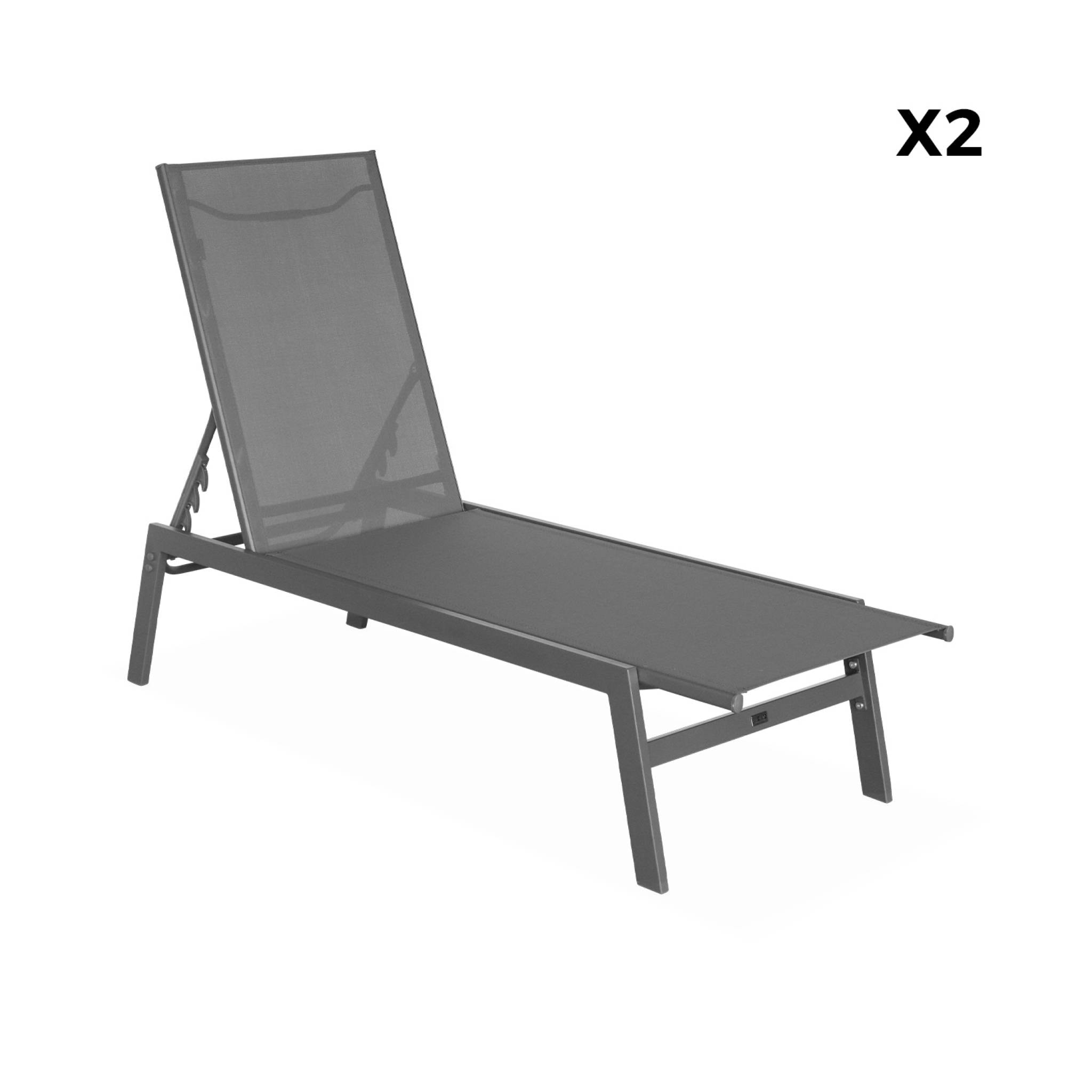 Lot de 2 transats anthracite. 5 positions. en textilène et métal. FLORA.  L155 x P59 x H106cm