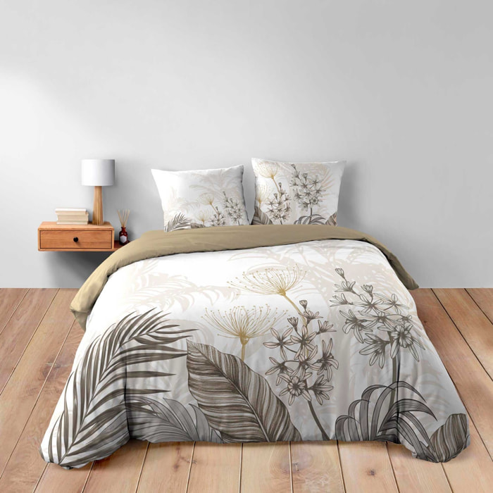 Parure de lit 3 pièces coton motif feuillage floral housse + 2 taies - Blanc