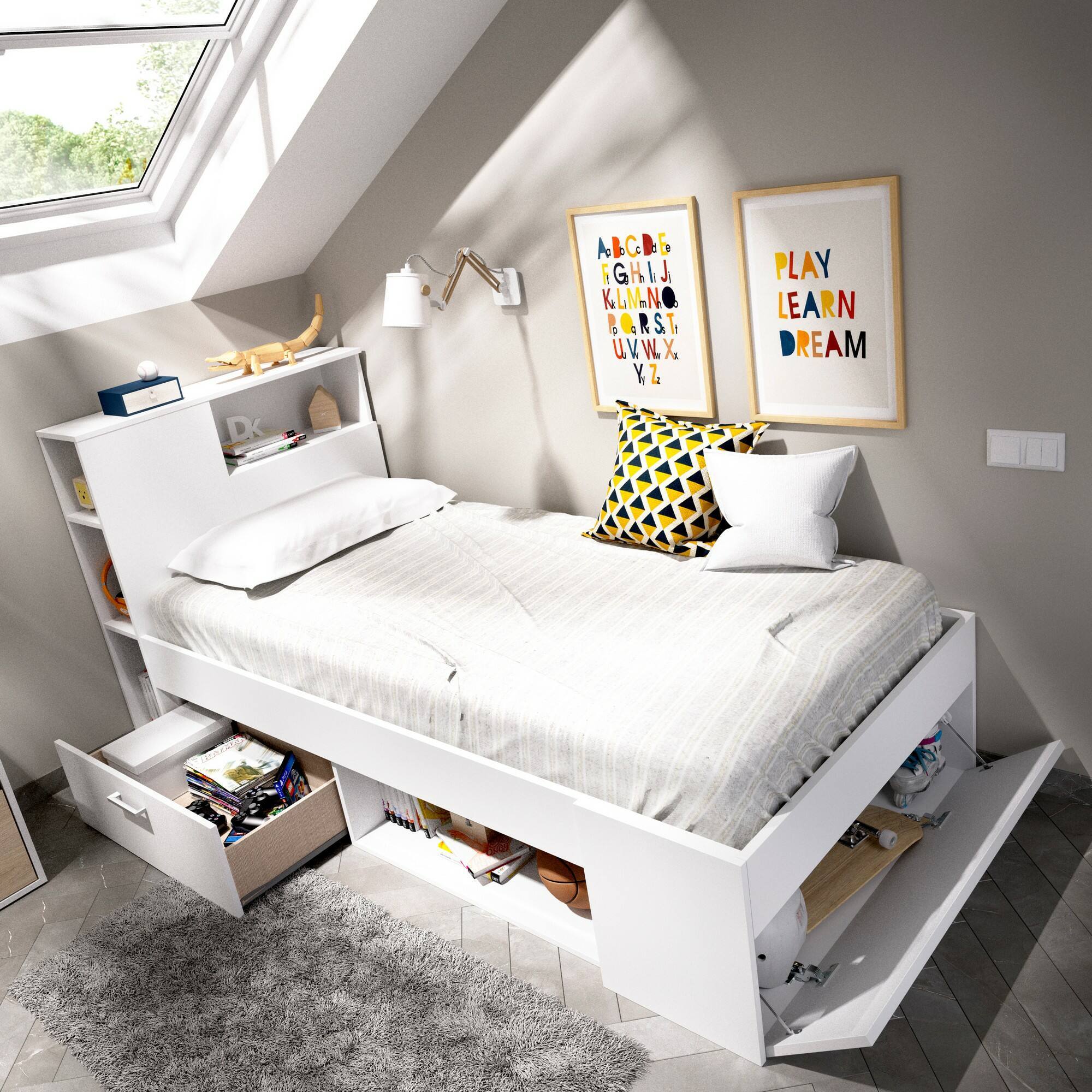 Letto per bambini Cristallo, Lettino per cameretta con testiera, Struttura per letto singolo con cassetto e scaffali, 218x99h96 cm, Bianco