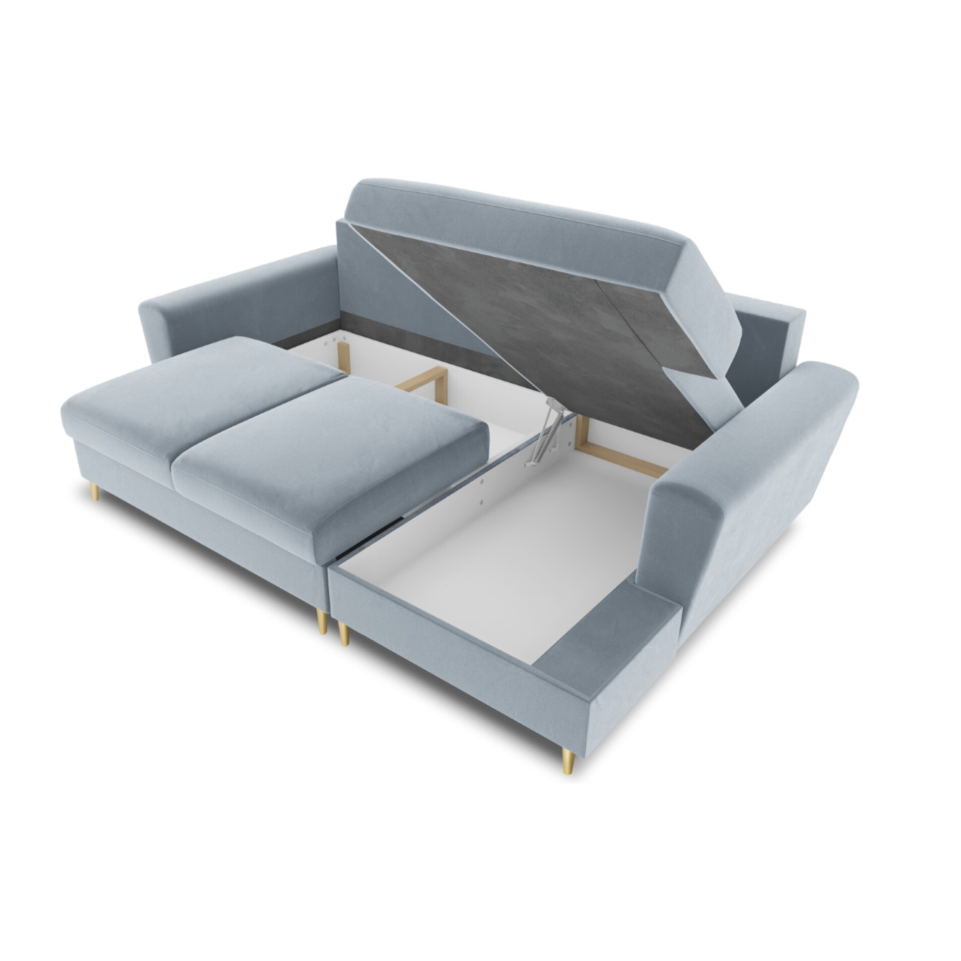 Canapé d'angle droit convertible avec coffre de rangement "Kyoto" 4 places en velours bleu clair