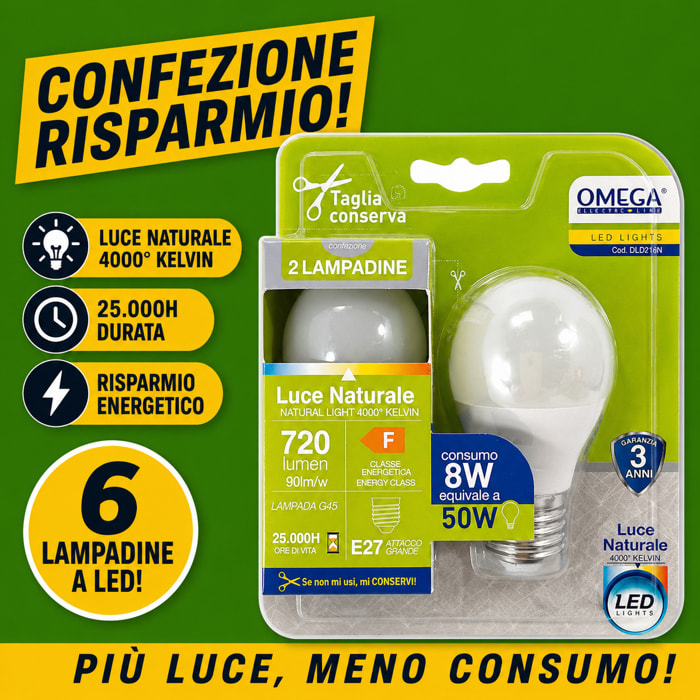 OMEGA Set 6 Lampadine LED Sfera 8W E27 4000K