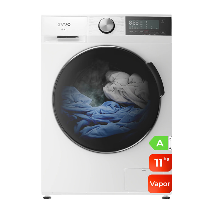 EVVO Lavadora 11 kg carga frontal Nova 11, 1350 rpm, Clase energética A, Motor Inverter, tambor diamante ePROTECT, 14 programas, Función vapor Steam Wash, Smart LOAD, Lavado Rápido 15', Inicio diferido, Blanco