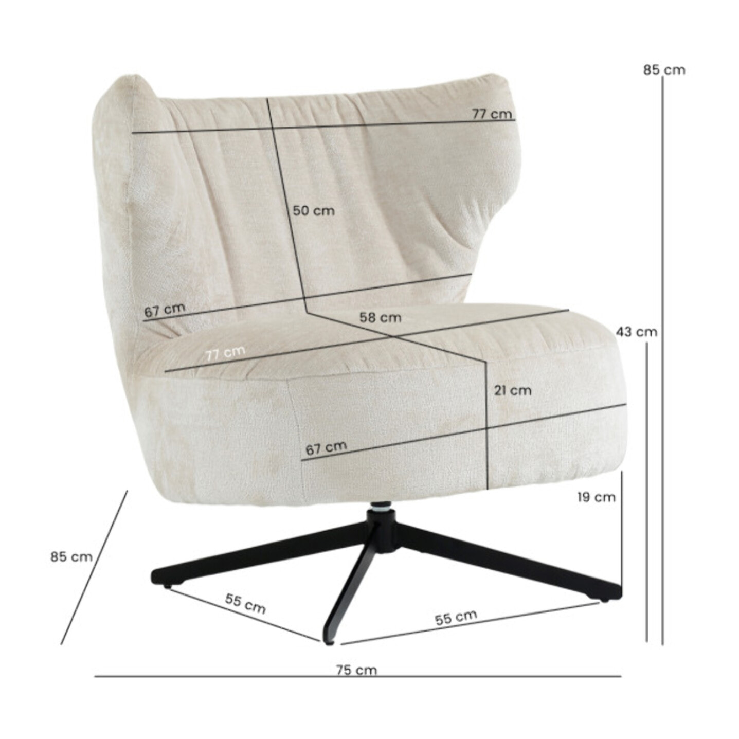 Fauteuil rotatif 360° tissu doux avec pieds en métal noir - EUGENE