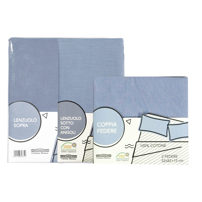 COMPLETO LENZUOLA LETTO SINGOLO AZZURRO LINEA COLORI PASTELLO 100% COTONE