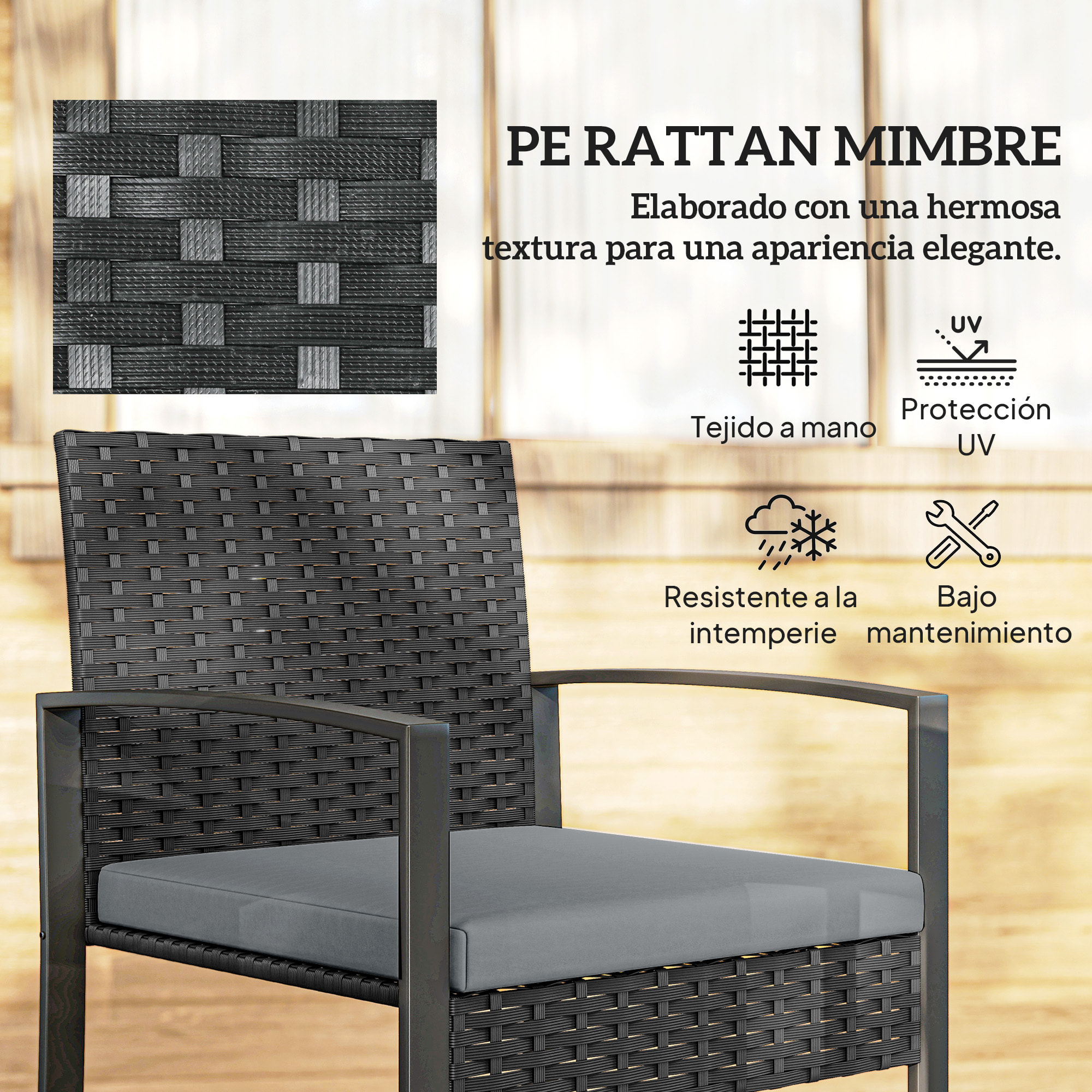 Conjunto de Jardín Exterior de 3 Piezas, Muebles Jardín Exterior de Ratán con 2 Sillas con Cojines Lavables y Mesa de Vidrio Templado, Resistente a Intemperie, para Balcón, Patio, Gris Claro