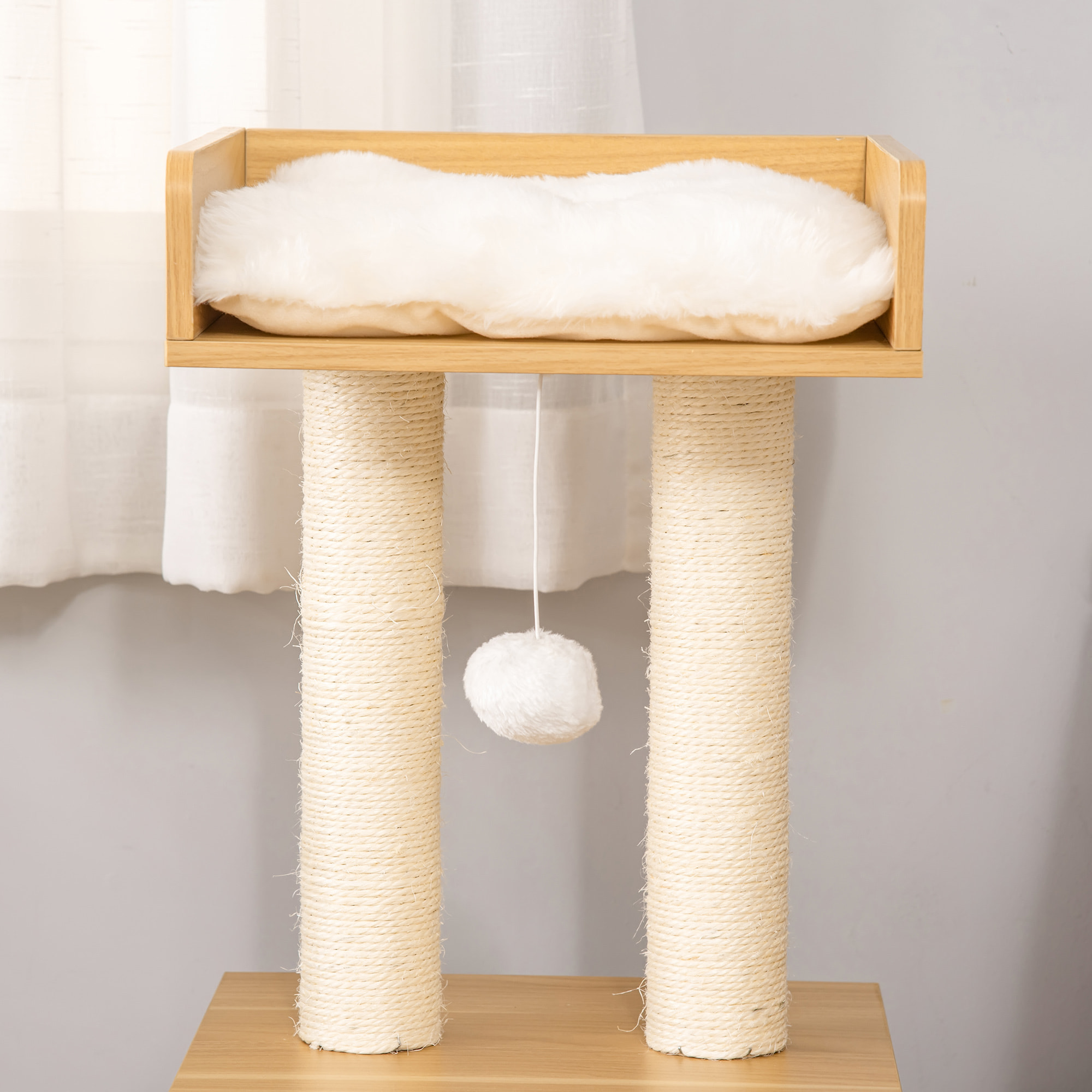 árbol para Gatos de 2 Niveles con Cueva Cama Superior Postes Rascadores de Sisal Natural Cojines Lavables y Bola de Juguete 35x35x81 cm Roble y Blanco