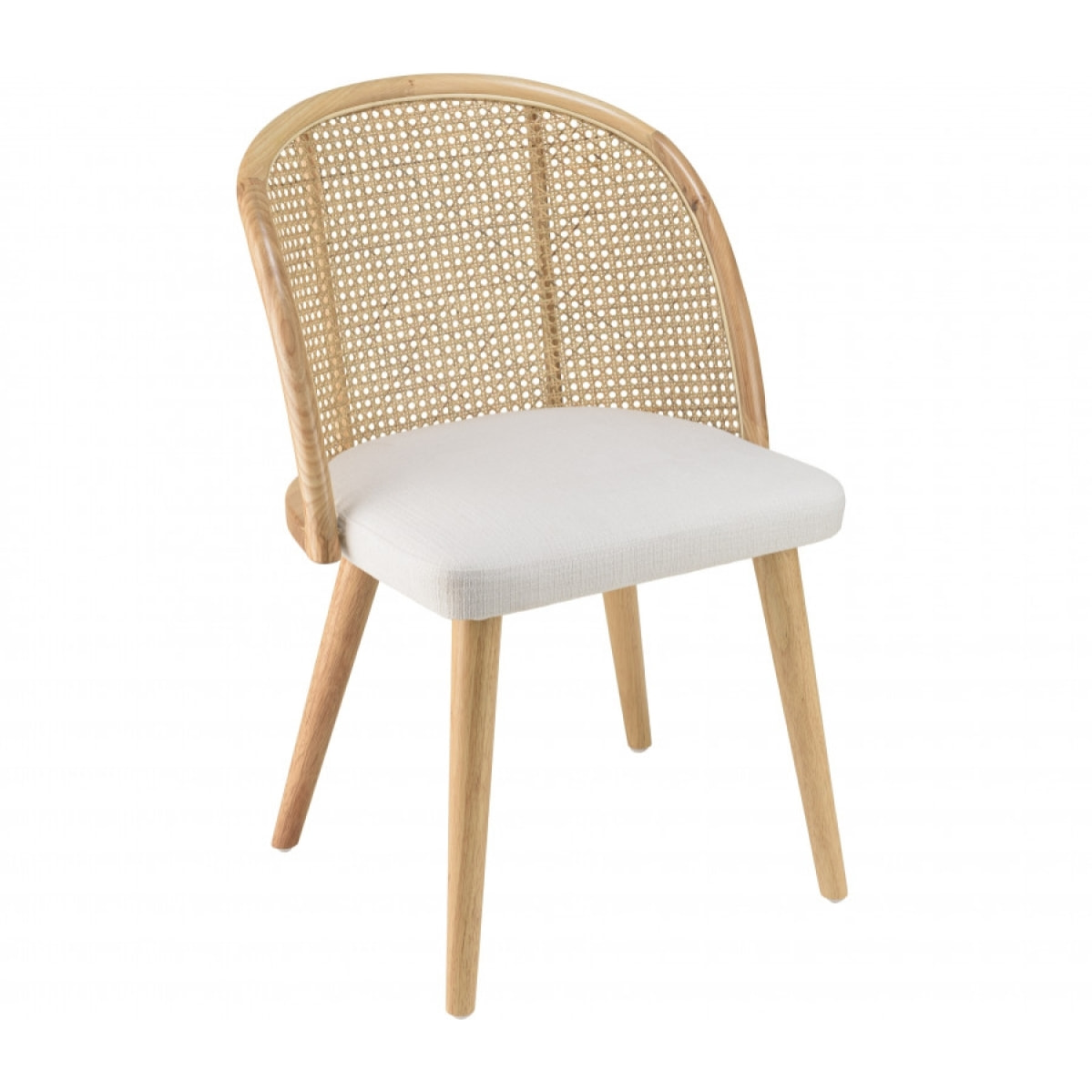 ALBANE - Chaise bois d'Hévéa assise tissu blanc dossier arrondi rotin