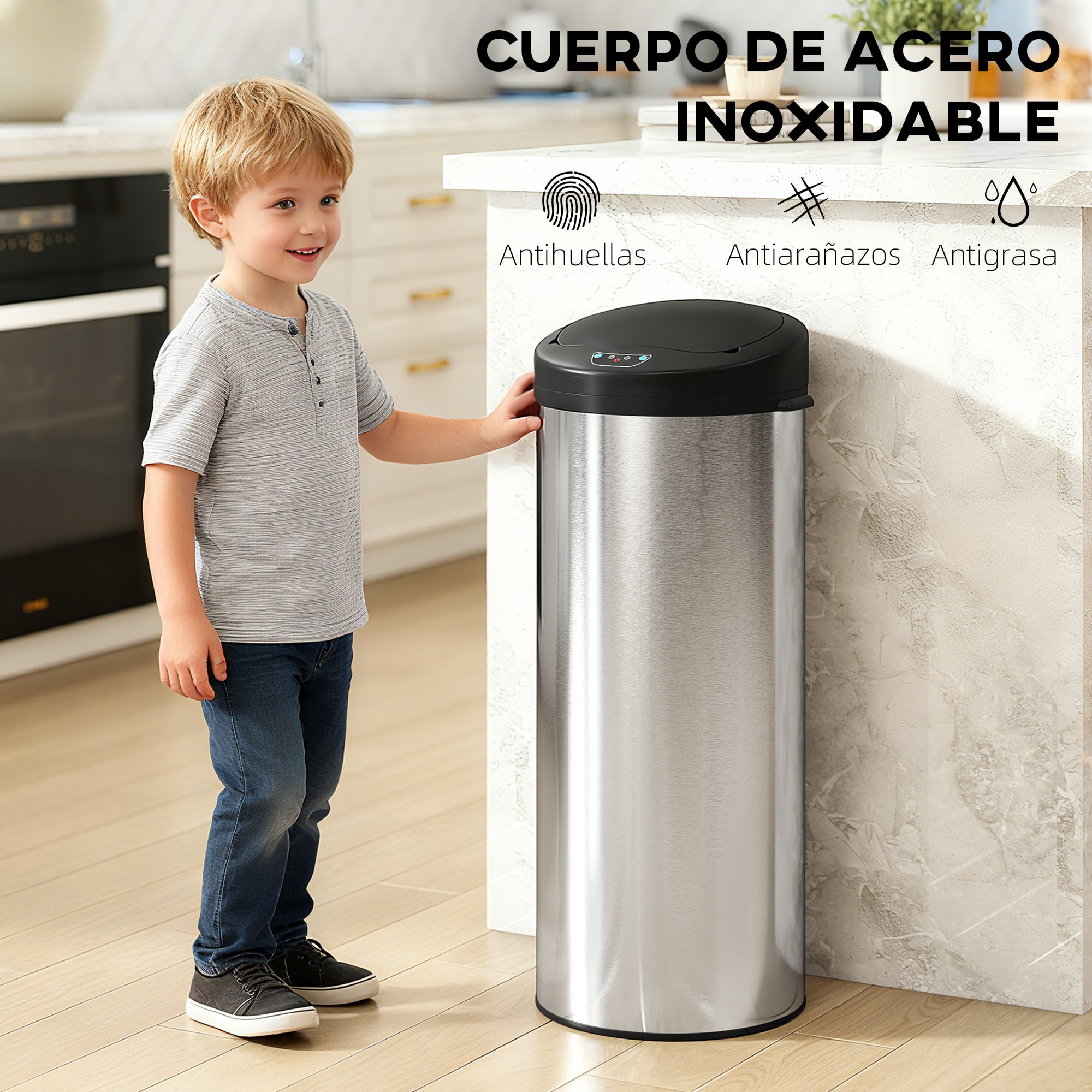 Cubo de Basura Cocina Automático 55 L, Papelera de Cocina de Acero Inoxidable con Sensor Infrarrojo, Cierre Suave y Anillo, Antihuellas, para Dormitorio, Oficina y Hogar, Plateado