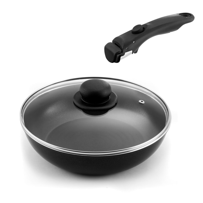 Arom - 1 padella da 24 cm con coperchio e manico rimovibile