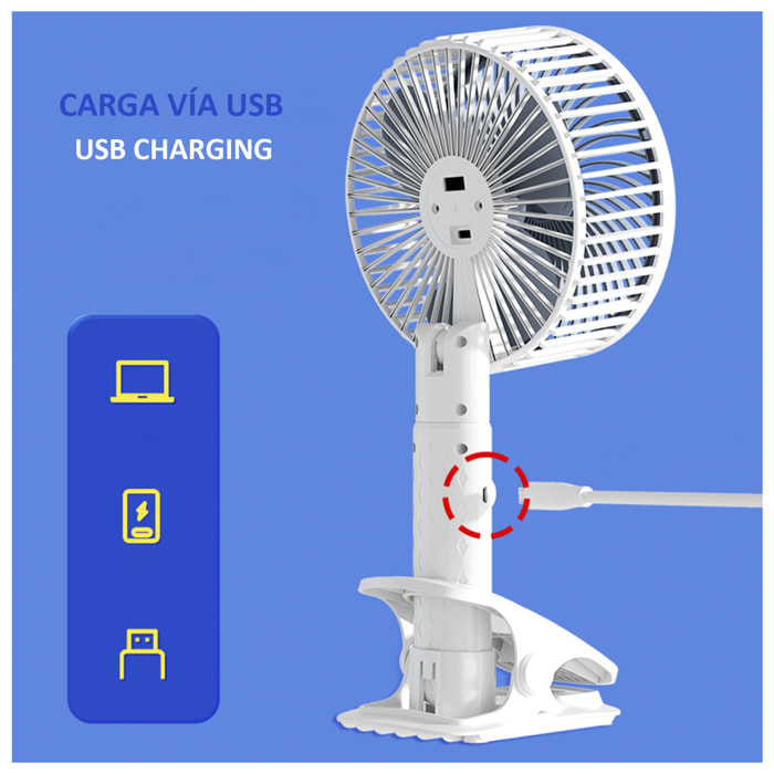 DAM Ventilador portátil de 5W, con batería recargable, rotación de 360° y pinza de agarre. 16x8x29 Cm. Color: Blanco