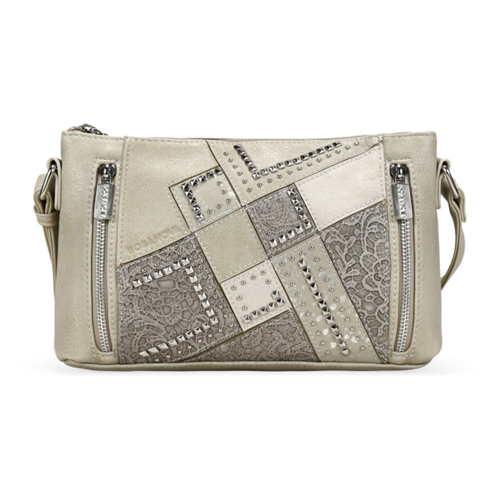 Bolso bandolera piedra con cremalleras y tachas