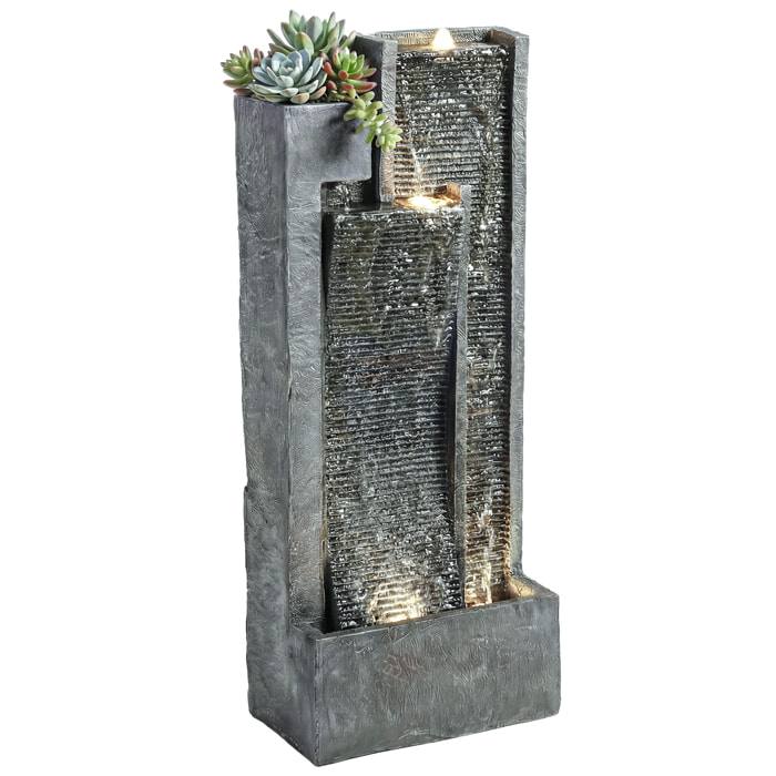 Fuente de Agua Decorativa con Iluminación LED y Maceta, Fuente de Jardín Exteror en Cascada de 3 Niveles, con Bomba, Resistente a la intemperie, para Jardín, Patio, 38x19x101 cm, Gris Oscuro
