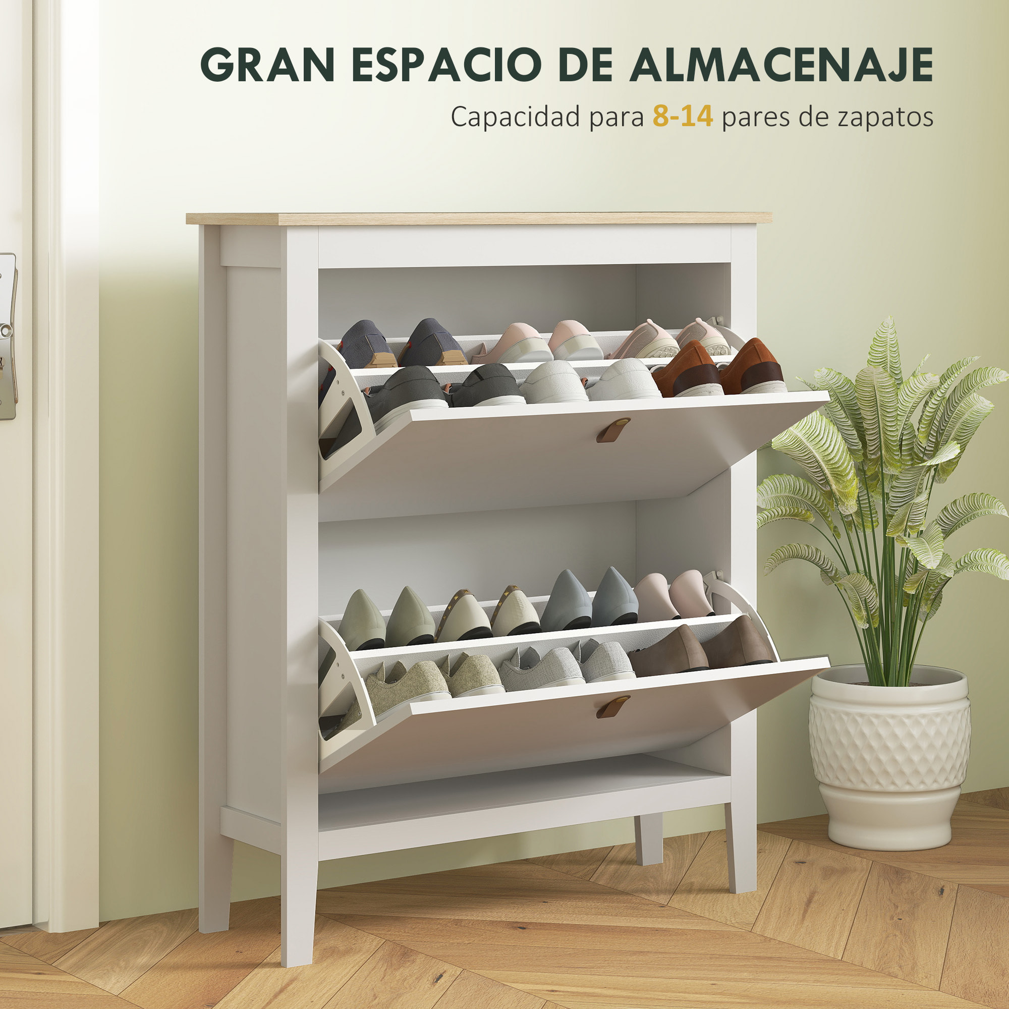 Mueble Zapatero Estrecho Zapatero Entrada Recibidor con 2 Cajones Abatibles Estantes Ajustables y Tiradores de PU para 14 Pares de Zapatos para Pasillo 80x24x95,5 cm Blanco