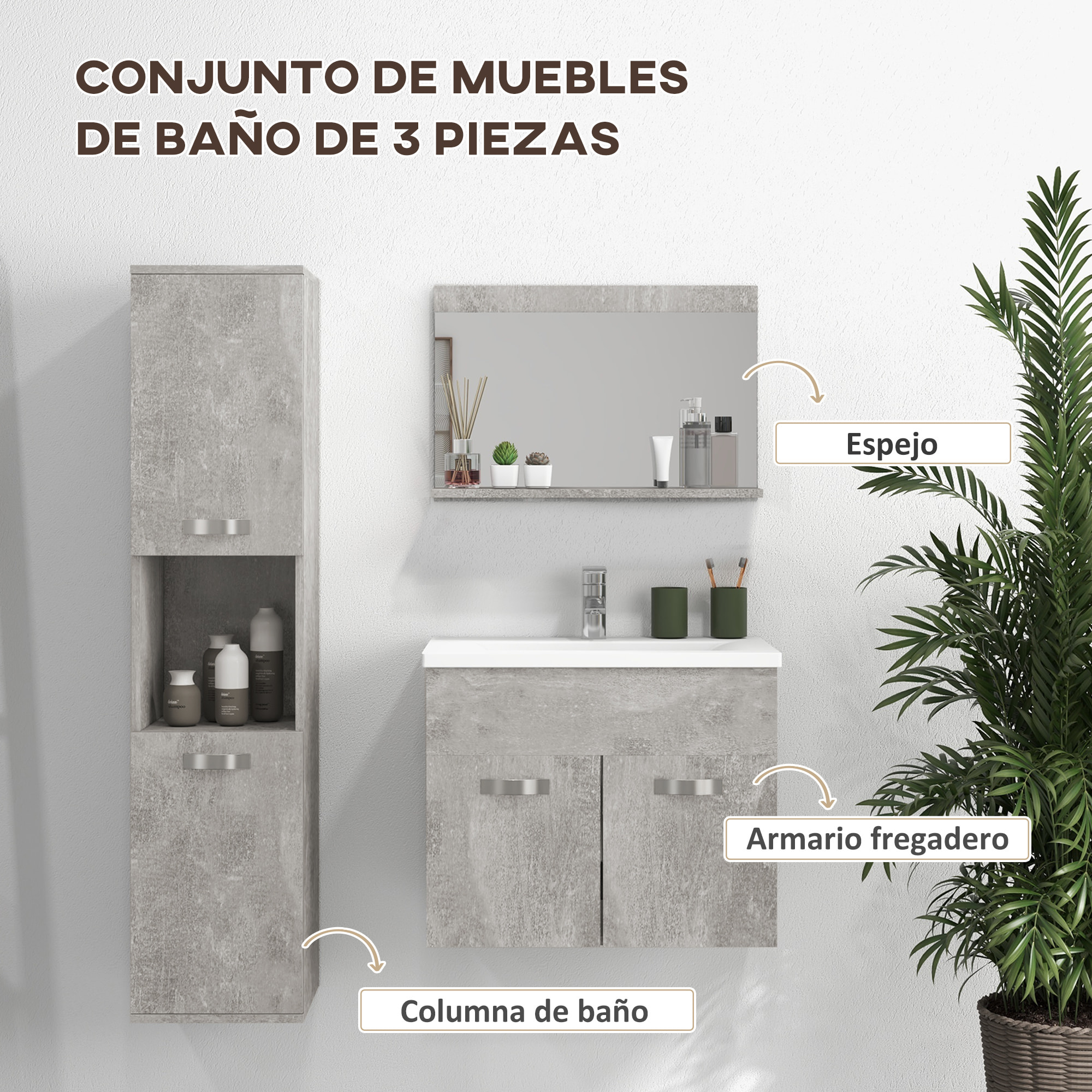 Conjunto de Muebles de Baño de Pared 3 Piezas Incluye Espejo Armario con Lavabo Cerámico y Columna Auxiliar de Baño Estilo Moderno Gris